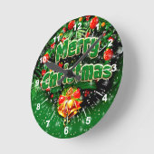 マッチンググリーンメリークリスマス金ゴールドベルの挨拶 ラウンド壁時計 (傾斜)