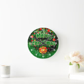 マッチンググリーンメリークリスマス金ゴールドベルの挨拶 ラウンド壁時計 (ホーム)