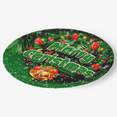 マッチンググリーンメリークリスマス金ゴールドベル9" ペーパープレート (アングル)