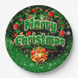 マッチンググリーンメリークリスマス金ゴールドベル9" ペーパープレート