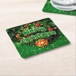 マッチンググリーンメリークリスマス金ゴールドベル スクエアペーパーコースター