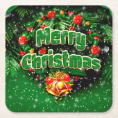 マッチンググリーンメリークリスマス金ゴールドベル スクエアペーパーコースター (正面)