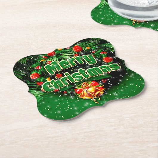 マッチンググリーンメリークリスマス金ゴールドベル ペーパーコースター (アングル)