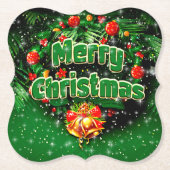 マッチンググリーンメリークリスマス金ゴールドベル ペーパーコースター (正面)