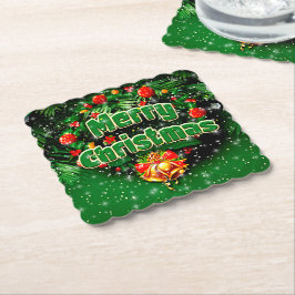 マッチンググリーンメリークリスマス金ゴールドベル ペーパーコースター