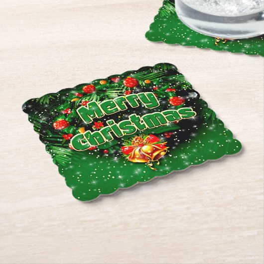 マッチンググリーンメリークリスマス金ゴールドベル ペーパーコースター (アングル)