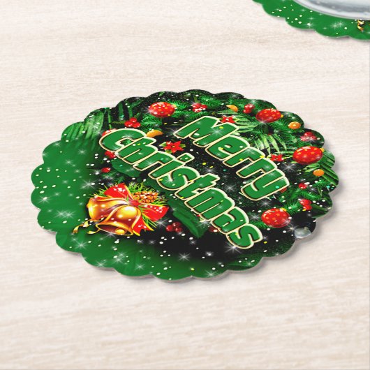 マッチンググリーンメリークリスマス金ゴールドベル ペーパーコースター (アングル)