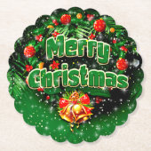 マッチンググリーンメリークリスマス金ゴールドベル ペーパーコースター (正面)