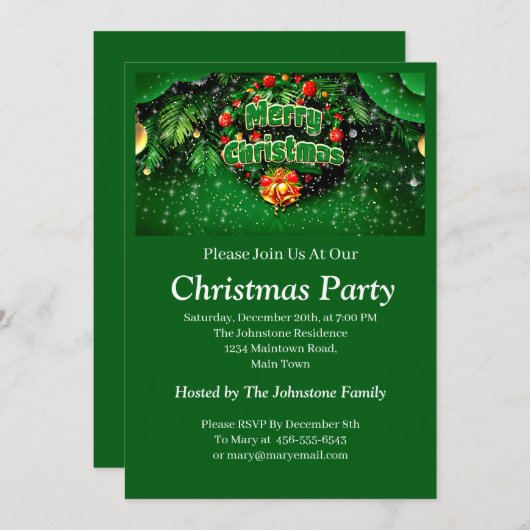 マッチンググリーンメリークリスマス金ゴールドベル 招待状 (正面/裏面)