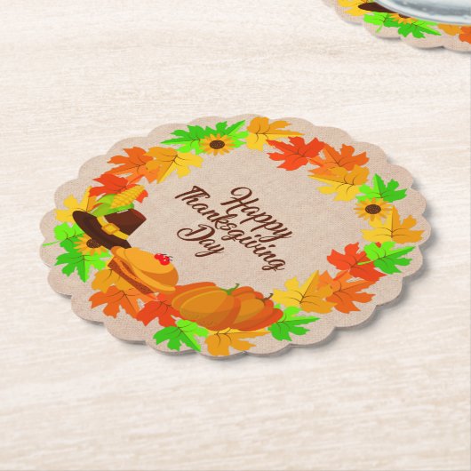 マッチングセット感謝祭グリーン金ゴールドリース帽子 ペーパーコースター (アングル)