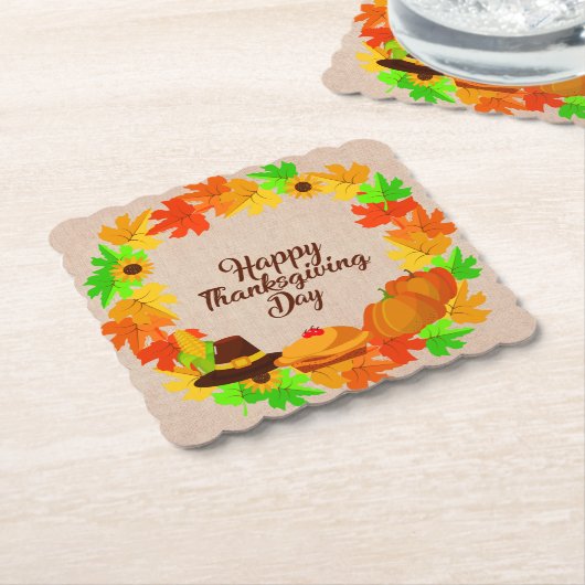 マッチングセット感謝祭グリーン金ゴールドリース帽子 ペーパーコースター (アングル)