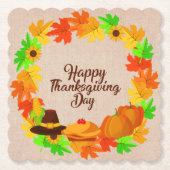 マッチングセット感謝祭グリーン金ゴールドリース帽子 ペーパーコースター (正面)