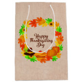 マッチングセット感謝祭グリーン金ゴールドリース帽子 ミディアムペーパーバッグ (正面)