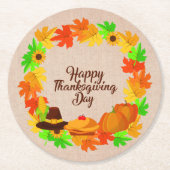 マッチングセット感謝祭グリーン金ゴールドリース帽子 ラウンドペーパーコースター (正面)