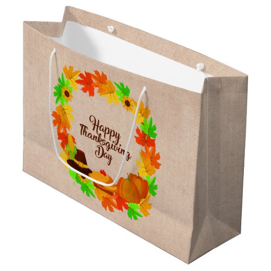 マッチングセット感謝祭グリーン金ゴールドリース帽子 ラージペーパーバッグ (正面アングル)