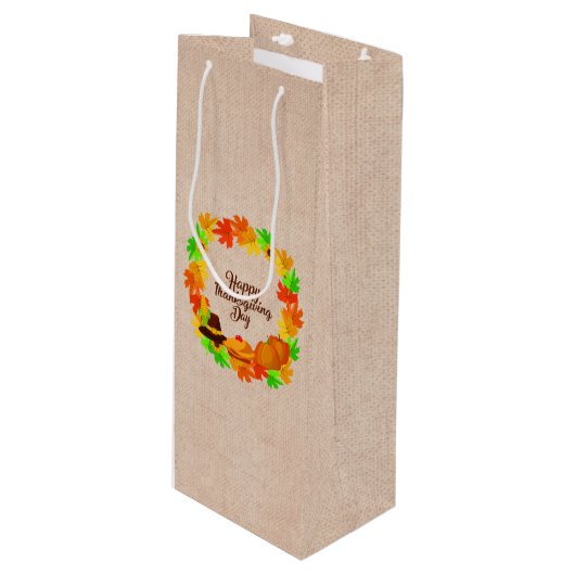 マッチングセット感謝祭グリーン金ゴールドリース帽子 ワインギフトバッグ (正面アングル)