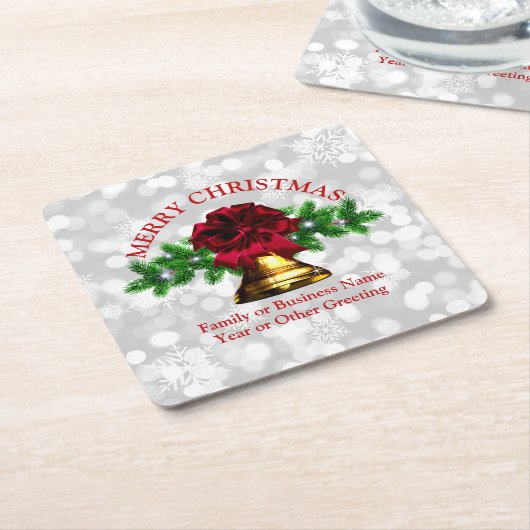 マッチングセット金ゴールドベルレッドボウクリスマス スクエアペーパーコースター (アングル)