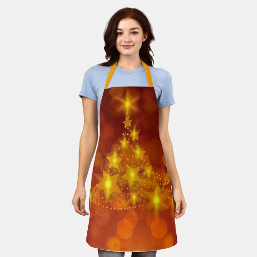 マッチングセット金ゴールド星クリスマスツリー エプロン (着用した状態)