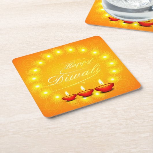 マッチングハッピーディワリイエロー スクエアペーパーコースター (アングル)