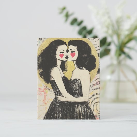 マッチングブキスをするラックドレスに恋をする女性 ポストカード (スタンド正面)