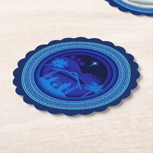 マッチングブルー出生クリスマススカロップラウンド ペーパーコースター (アングル)