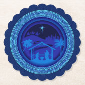 マッチングブルー出生クリスマススカロップラウンド ペーパーコースター (正面)