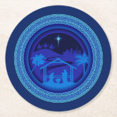 マッチングブルー出生クリスマス ラウンドペーパーコースター (正面)