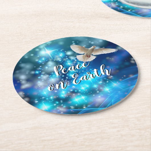 マッチングブルー鳩ピースクリスマス ラウンドペーパーコースター (アングル)