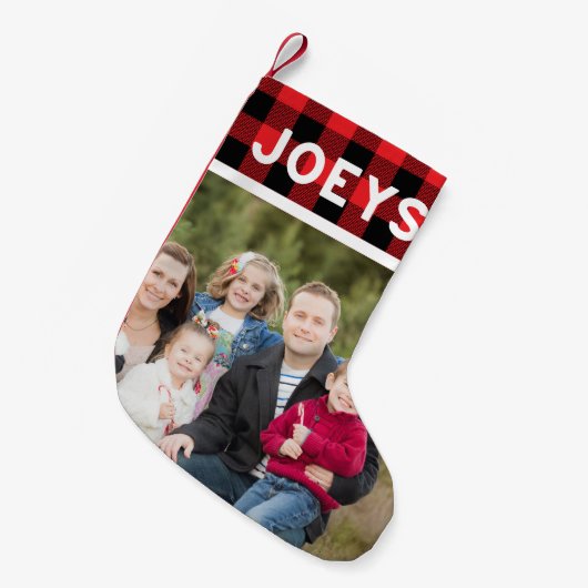 マッチ家族の写真かわいい赤い格子模様のクリスマス スモールクリスマスストッキング (正面 (吊り時))