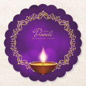 マッチHappy Diwali Purpleうろこ状ラウンド ペーパーコースター (正面)