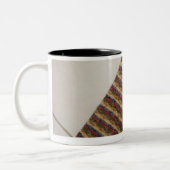 マットに坐っている白い猫 ツートーンマグカップ (左)