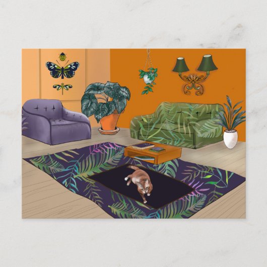 マットの黄色い部屋に眠い太った猫 ポストカード (正面)