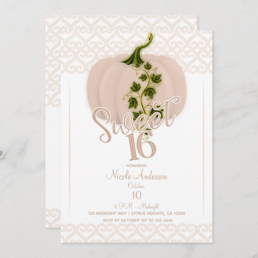 マットピンクカボチャ甘い16ハート誕生日パーティー 招待状 (正面/裏面)