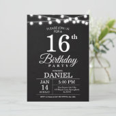 マットブラックのストリングライト 16歳の誕生日 招待状 (スタンド正面)