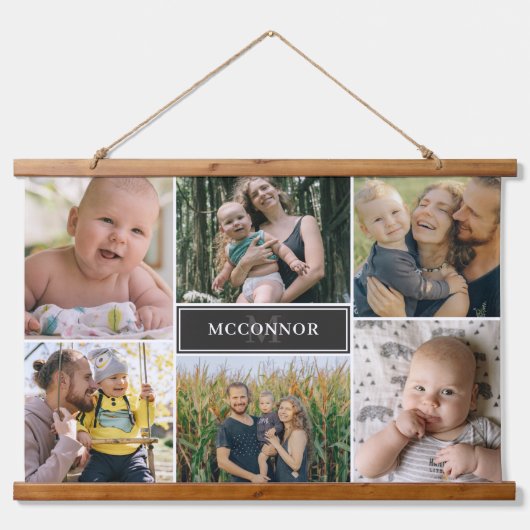 マットブラックモダン6フォトコラージュ&名前 吊り下げ型タペストリー (正面)