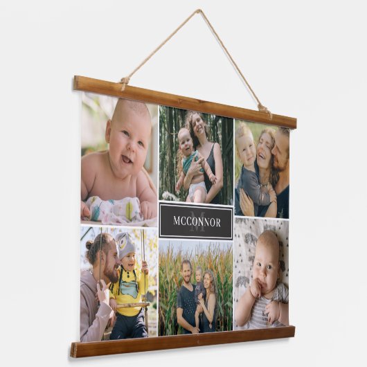 マットブラックモダン6フォトコラージュ&名前 吊り下げ型タペストリー (傾斜あり)