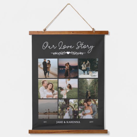 マットブラック緑ラブストーリーフォトコラージュ 吊り下げ型タペストリー (正面)