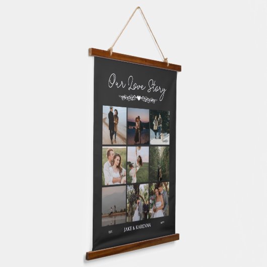 マットブラック緑ラブストーリーフォトコラージュ 吊り下げ型タペストリー (傾斜あり)