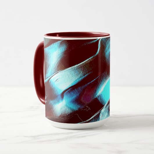 マットメタルで彫られた、茶色からシアンのグラデーション マグカップ (正面左)
