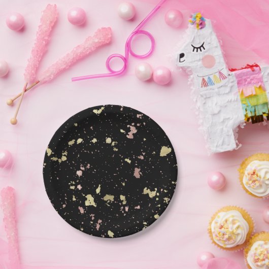 マット金ゴールドとバラ金ゴールドフレーク黒 ペーパープレート (パーティー)