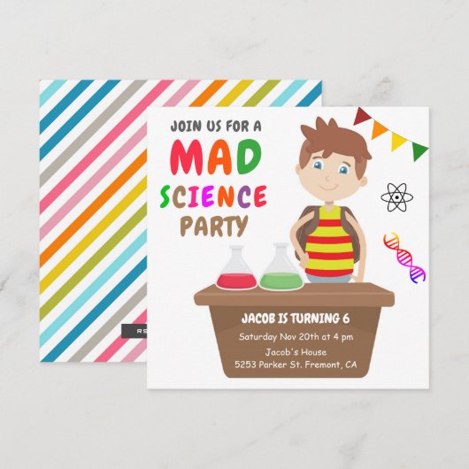 マッドサイエンス実験 少年 誕生日パーティー 招待状 (正面/裏面)