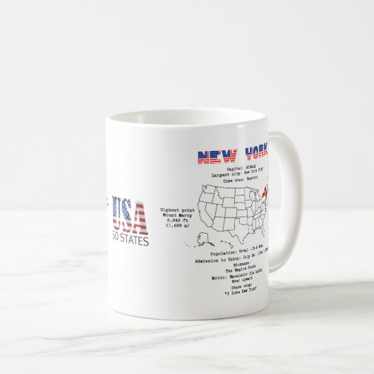 マップと有用な情報に関するニューヨークのアメリカ州 コーヒーマグカップ (正面右)