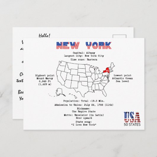マップと有用な情報に関するニューヨークのアメリカ州 シーズンポストカード (正面/裏面)