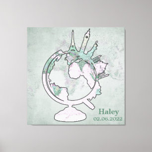 マップヴィンテージピンクランドマークグローブパーソナライズされた キャンバスプリント