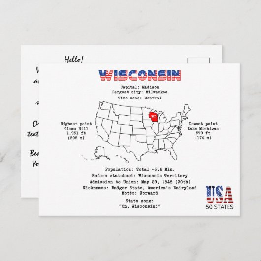 マップ上のウィスコンシンのアメリカの州と有用な情報 シーズンポストカード (正面/裏面)