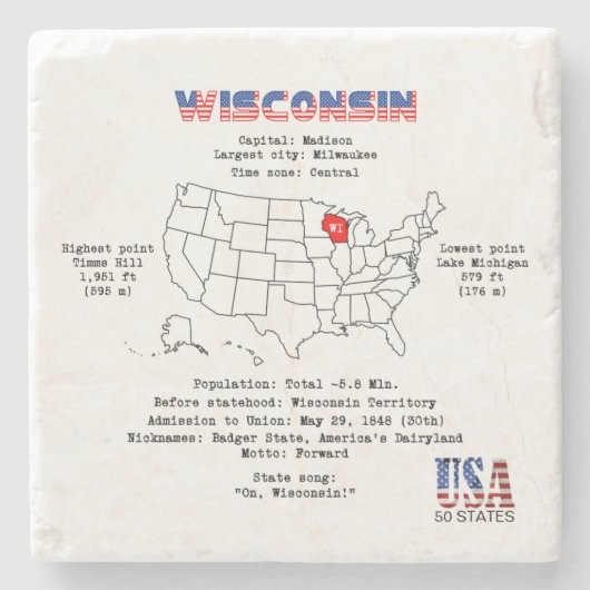 マップ上のウィスコンシンのアメリカの州と有用な情報 ストーンコースター (正面)