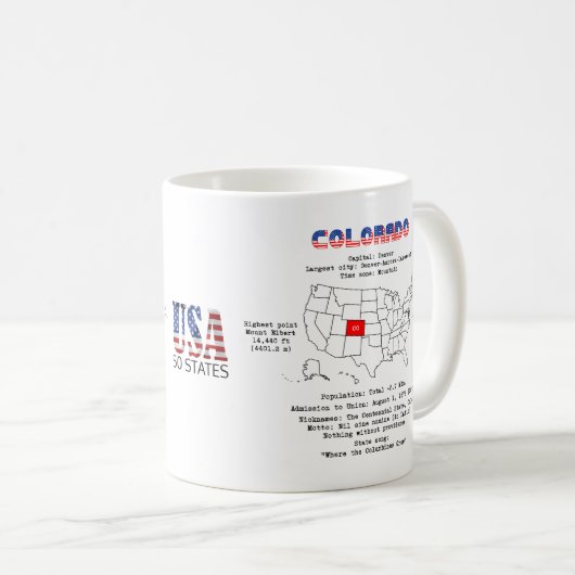 マップ上のコロラド州のアメリカの州と便利な情報 コーヒーマグカップ (正面右)