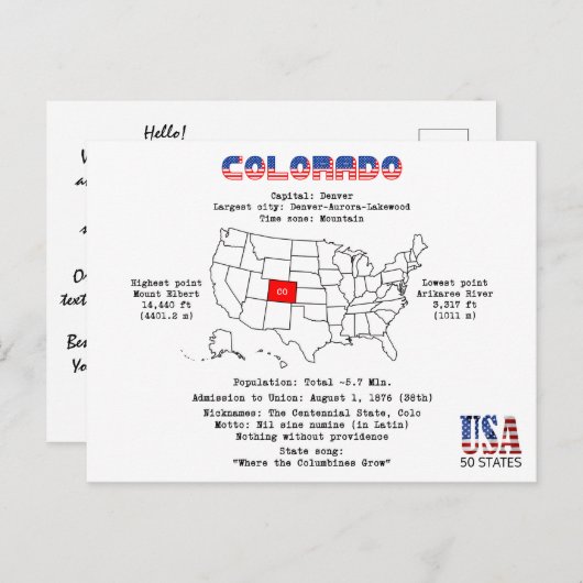 マップ上のコロラド州のアメリカの州と便利な情報 シーズンポストカード (正面/裏面)
