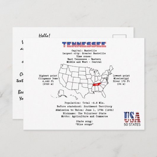 マップ上のテネシーのアメリカの州と有用な情報 シーズンポストカード (正面/裏面)