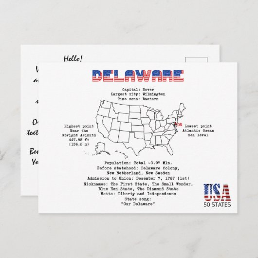 マップ上のデラウェア州と有用な情報 シーズンポストカード (正面/裏面)